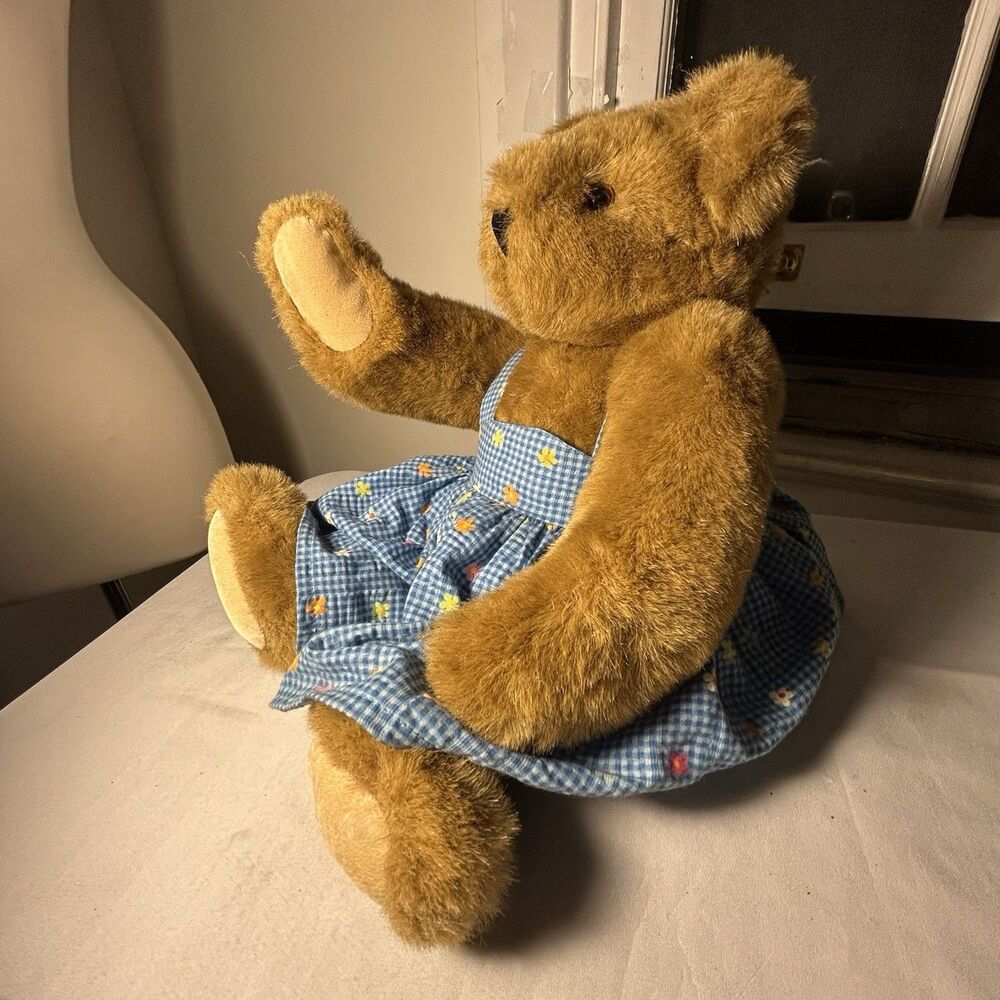 Vermont Teddy Bear Company Plush Brown Fully Jointed 16" USA Floral Blue Dress